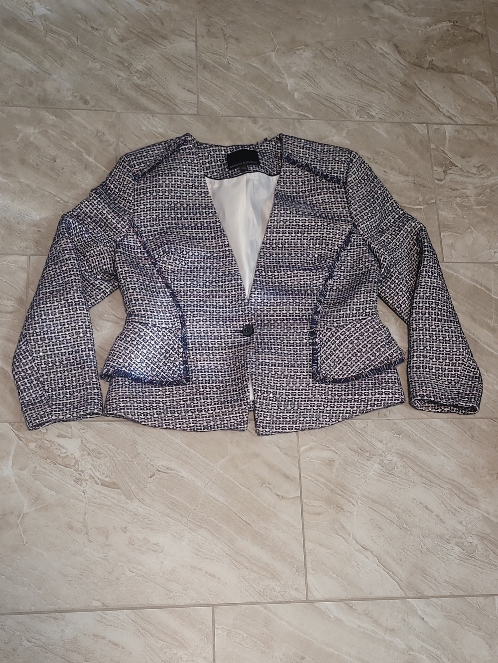Banana Republic Navy and White Tweed Peplum Blazer